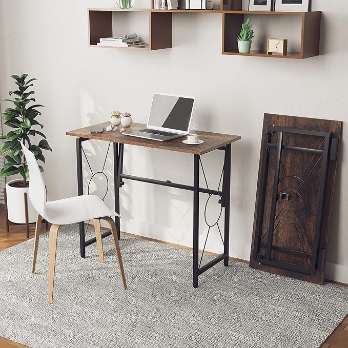 31.5" Computer Desk for Small Place, Foldable Desk Home Office Desk, Black Metal Frame, Modern Industrial Style Study Writing Table, No Assembly Required, Rustic Brown - LeafyLoom