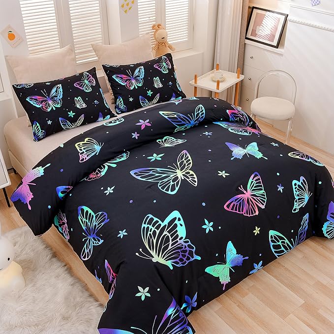 Btargot 3 Piece Butterfly Pattern Girls Comforter Set with 2 Pillow Covers, Gradient Line Rainbow Printed Bedding Set for Women, Queen Black - LeafyLoom