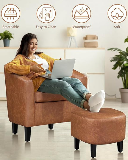 Yaheetech Accent Chair with Ottoman Footstool, PU Leather Modern Upholstered Soft Barrel Chair, Comfy Club Armchair and Footrest Set for Living Room/Bedroom/Reading Room/Guestroom, Brown - LeafyLoom