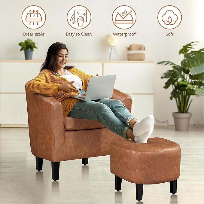Yaheetech Accent Chair with Ottoman Footstool, PU Leather Modern Upholstered Soft Barrel Chair, Comfy Club Armchair and Footrest Set for Living Room/Bedroom/Reading Room/Guestroom, Brown - LeafyLoom