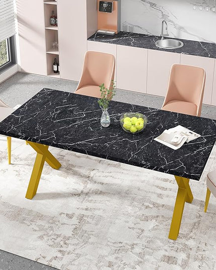 NicBex Dining Table Contemporary Kitchen Table Farmhouse Rustic 70.87" Square Dining Table with Printed Black Marble Table Top+Gold X-Shape Table Leg Rectangular Dining Table, Black +Gold - LeafyLoom
