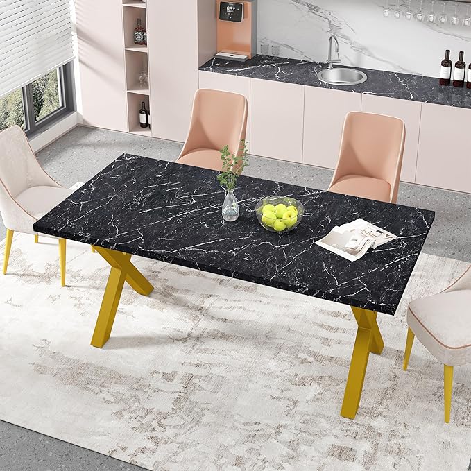 NicBex Dining Table Contemporary Kitchen Table Farmhouse Rustic 70.87" Square Dining Table with Printed Black Marble Table Top+Gold X-Shape Table Leg Rectangular Dining Table, Black +Gold - LeafyLoom