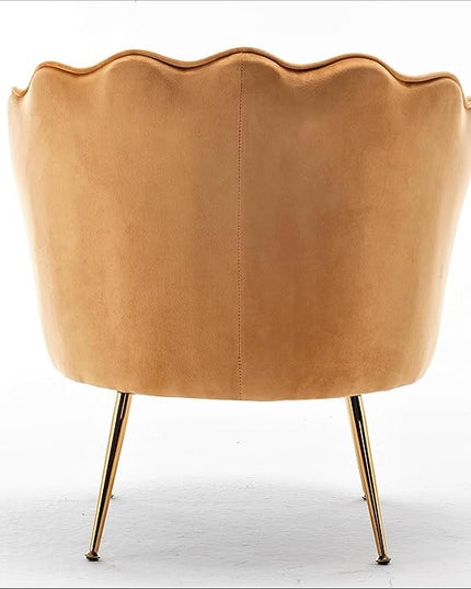 Velvet Barrel Accent Chair with Scalloped Silhouette and Gold Metal Legs, Decorative Piece Suitable for Traditional, Modern, and Contemporary Spaces, Mustard Yellow - LeafyLoom