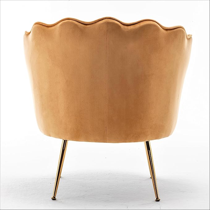 Velvet Barrel Accent Chair with Scalloped Silhouette and Gold Metal Legs, Decorative Piece Suitable for Traditional, Modern, and Contemporary Spaces, Mustard Yellow - LeafyLoom