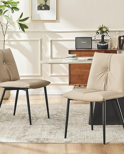 YOUTASTE Dining Chairs Set of 2 Mid Century Modern Upholstered Kitchen Chairs Soft Padded Side Chairs Leather Dinner Chairs with Metal Legs for Living Room Bedroom, Khaki - LeafyLoom