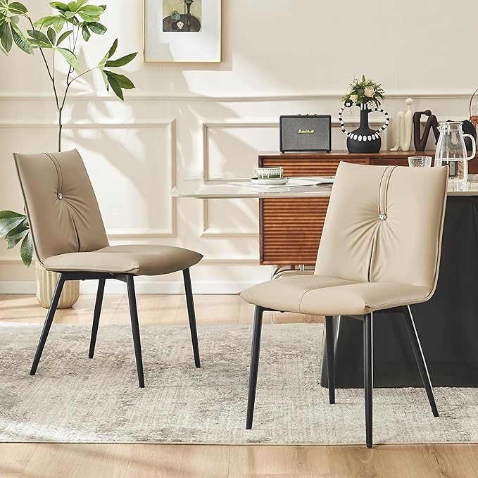 YOUTASTE Dining Chairs Set of 2 Mid Century Modern Upholstered Kitchen Chairs Soft Padded Side Chairs Leather Dinner Chairs with Metal Legs for Living Room Bedroom, Khaki - LeafyLoom