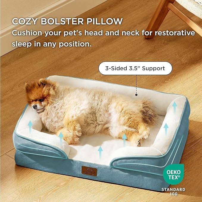Bedsure Small Orthopedic Dog Bed - Washable Bolster Dog Sofa Beds for Small Dogs, Supportive Foam Pet Couch Bed with Removable Washable Cover, Waterproof Lining and Nonskid Bottom Couch, Blue BEDSURE