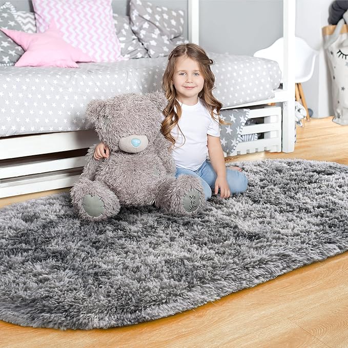 Noahas Oval Fluffy Grey Rainbow Rug 2.6X5.3 Small Kids Rugs for Bedroom Girls And Boys Aesthetic,Bedside Bedroom Rug,Ultra Soft Runner Carpet Modern Shaggy Nursery Area Rugs Home Deco - LeafyLoom