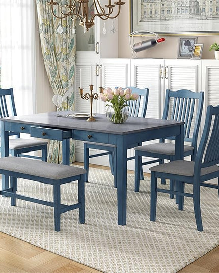 Dining Table Set for 6, 6-Piece Wood Dining Table Set with Drawers, Upholstered Chairs and Bench, kitchen Table and Chairs for Dining Room, Living Room, Antique Blue - LeafyLoom
