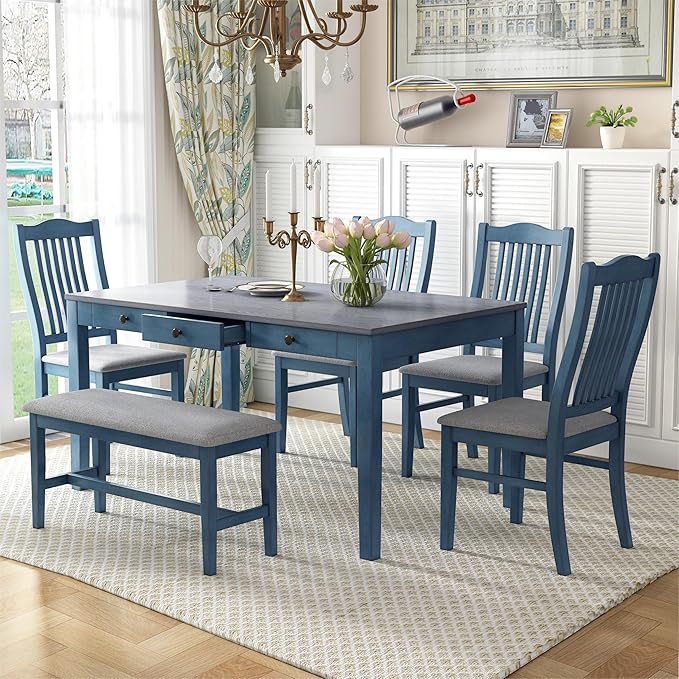 Dining Table Set for 6, 6-Piece Wood Dining Table Set with Drawers, Upholstered Chairs and Bench, kitchen Table and Chairs for Dining Room, Living Room, Antique Blue - LeafyLoom