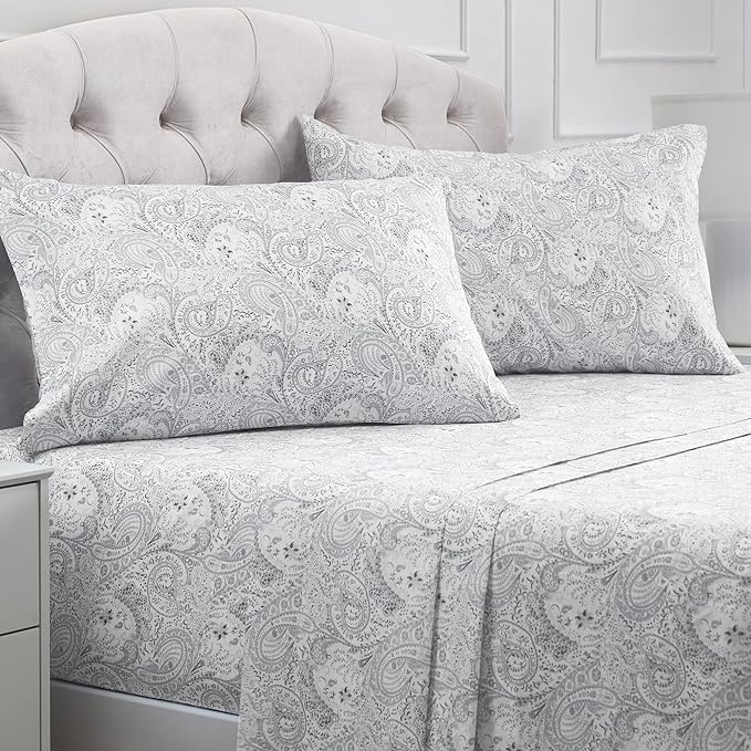 Mellanni King Sheets Set - 4 PC Iconic Collection Bedding Sheets & Pillowcases - Hotel Luxury, Extra Soft, Cooling Bed Sheets - Deep Pocket up to 16 inch (King, Paisley Gray) - LeafyLoom