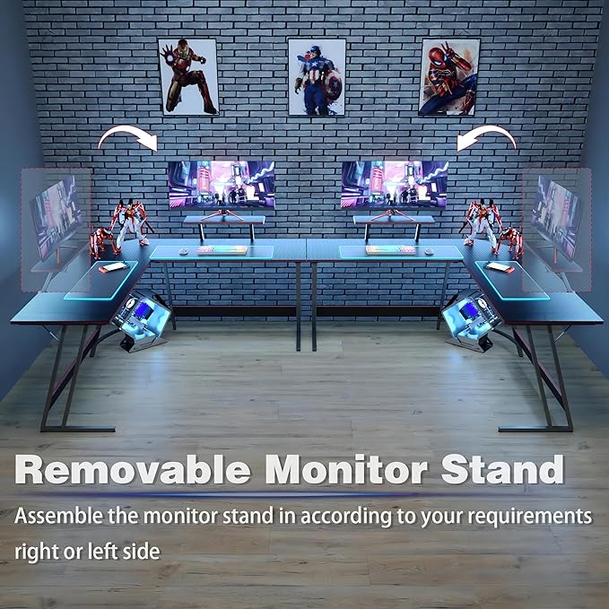L Shaped Gaming Desk, 51 Inch Computer Corner Table with Large Monitor Stand & Carbon Fiber Surface for Home Office Study Writing Workstation, Black - LeafyLoom