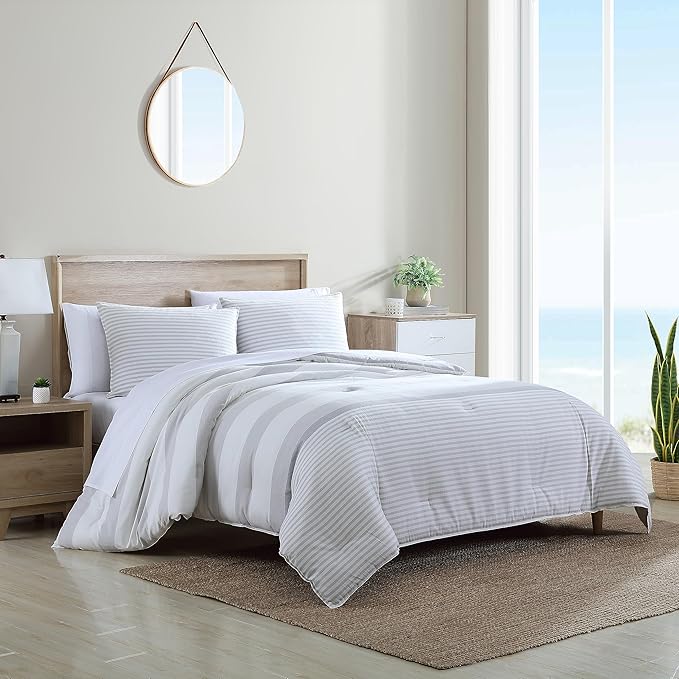 Nautica - Queen Comforter Set, Cotton Reversible Bedding with Matching Shams, Mediterranean Inspired Home Decor for All Seasons (Fairwater Grey, Queen) - LeafyLoom