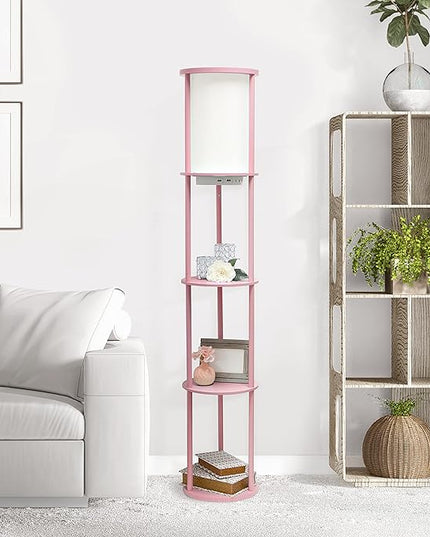 Simple Designs LF2010-LPK 62.5" Round Modern Shelf Etagere Organizer Storage Floor Lamp with 2 USB Charging Ports, 1 Charging Outlet and Linen Shade for Living Room Bedroom Office, Light Pink - LeafyLoom