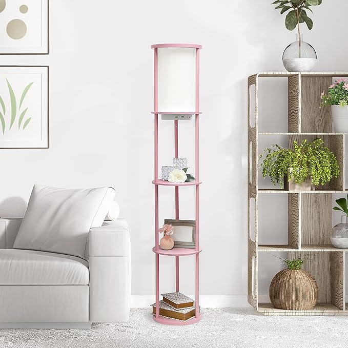 Simple Designs LF2010-LPK 62.5" Round Modern Shelf Etagere Organizer Storage Floor Lamp with 2 USB Charging Ports, 1 Charging Outlet and Linen Shade for Living Room Bedroom Office, Light Pink - LeafyLoom