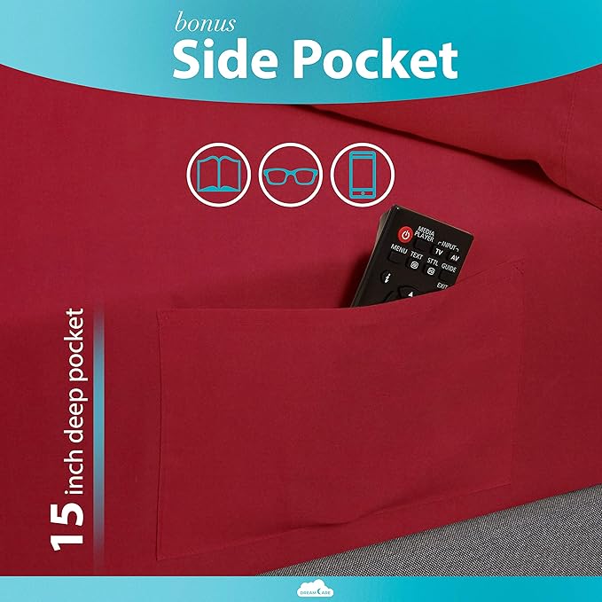 DREAMCARE Twin XL Sheet Sets - Cooling Bed Sheets - 4pcs Set - up to 15" Deep Pocket Twin XL Sheets - XL Twin Sheet Set – Soft & Long Lasting 100% Fine Brushed Polyester with Side Pocket - Burgundy - LeafyLoom