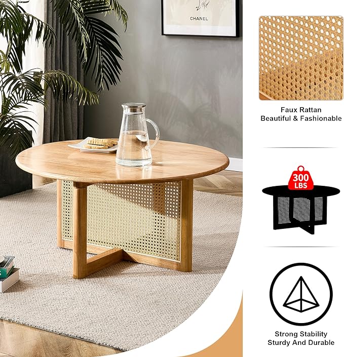 33.5" inch Round Coffee Table with Soild Wood Tabletop, Modern Coffee Table with Faux Rattan Weave & Solid Wood Bracket, for Living Room Bedroom - LeafyLoom