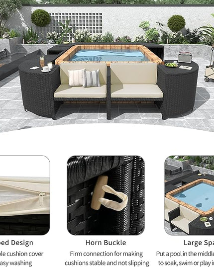 Outdoor Spa Surround Set Patio Furniture with Storage Space, Wood Seatings and Waterproof Cushions, Quadrilateral Rattan Sectional Sofa, for Backyard Deck Poolside, Onesize, Beige - LeafyLoom