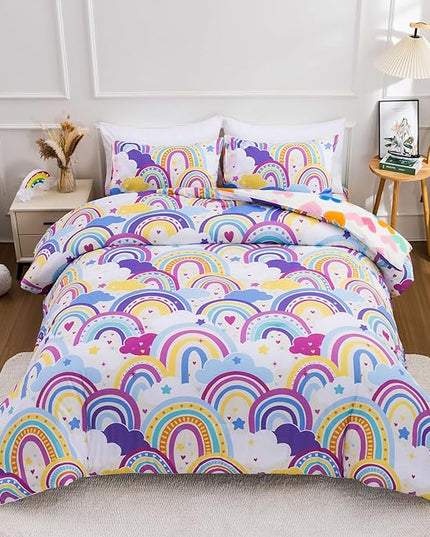 Btargot Lightweight Soft 3 Piece Rainbow Comforter Set with 2 Pillow Covers, Cartoon Love Hearts Flowers and Sun Star Bedding Set for Girls Boys Kids,Twin Light Purple - LeafyLoom