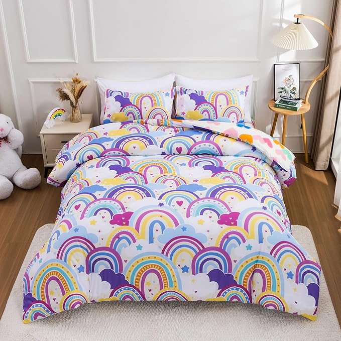 Btargot Lightweight Soft 3 Piece Rainbow Comforter Set with 2 Pillow Covers, Cartoon Love Hearts Flowers and Sun Star Bedding Set for Girls Boys Kids,Queen Light Purple - LeafyLoom