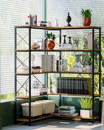 IRONCK 5-Shelf Corner Bookcase, Vintage Industrial Corner Bookshelf Etagere Bookcase, 5 Tier Corner Shelf Storage Rack with Metal Frame for Living Room Home Office - LeafyLoom