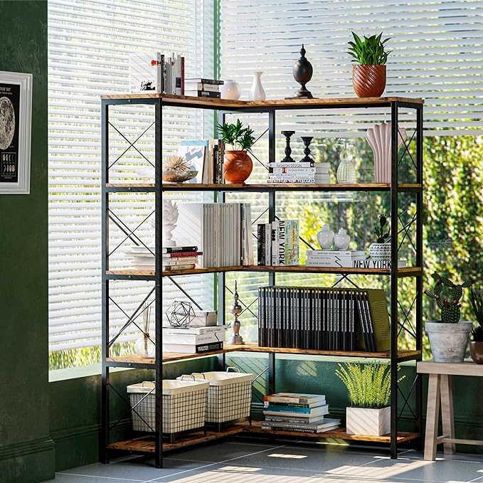 IRONCK 5-Shelf Corner Bookcase, Vintage Industrial Corner Bookshelf Etagere Bookcase, 5 Tier Corner Shelf Storage Rack with Metal Frame for Living Room Home Office - LeafyLoom
