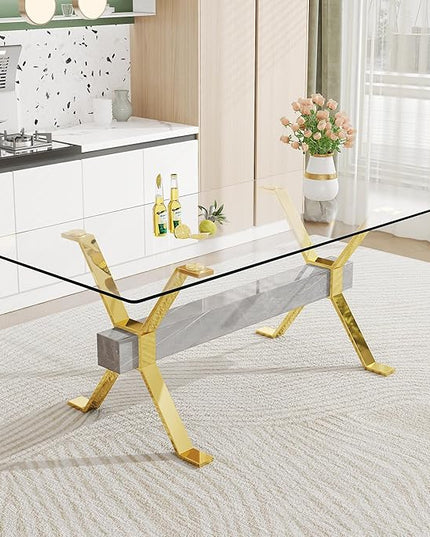 Rectangular Table with Tempered Glass Tabletop,Modern Dinner Desk W/Metal Tubular Legs, Home,Kitchen,Dining Room,Office,Gold, 79" Marble Color Crossbars - LeafyLoom