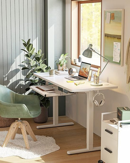 BANTI 48" x 24" Height Adjustable Electric Standing Desk with Keyboard Tray, Sit Stand up Desk with Splice Board, White Frame/White Top - LeafyLoom