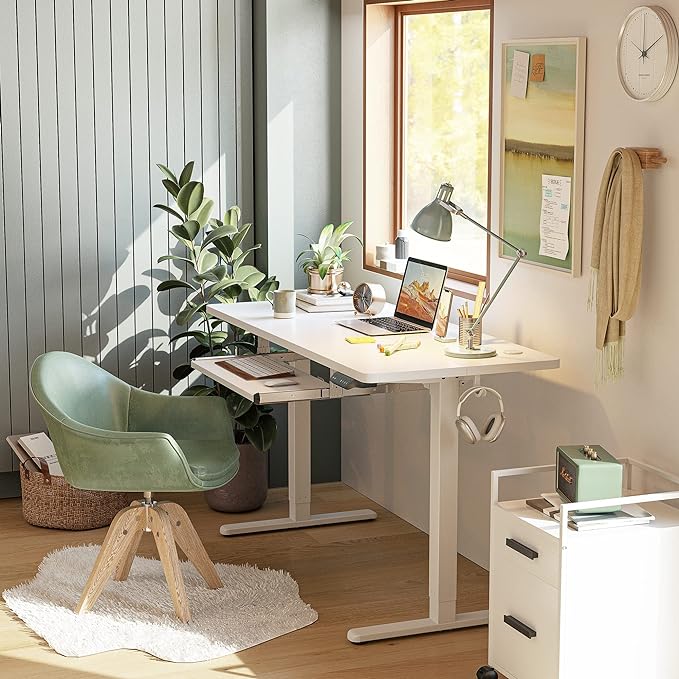 BANTI 48" x 24" Height Adjustable Electric Standing Desk with Keyboard Tray, Sit Stand up Desk with Splice Board, White Frame/White Top - LeafyLoom