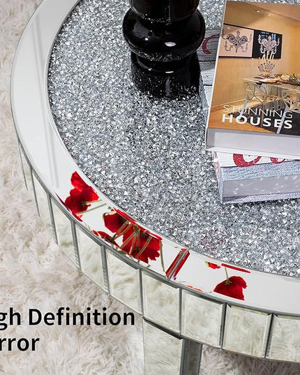 Mirrored Coffee Table with Crystal Inlay, 31.5'' Modern Round Coffee Table with Mirror Surface, Silver Accent Table for Living Rooms Bedrooms Entryways Decor - LeafyLoom