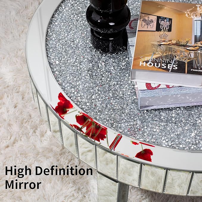 Mirrored Coffee Table with Crystal Inlay, 31.5'' Modern Round Coffee Table with Mirror Surface, Silver Accent Table for Living Rooms Bedrooms Entryways Decor - LeafyLoom
