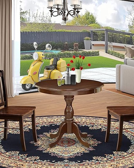 East West Furniture Antique 3 Piece Kitchen Set for Small Spaces Contains a Round Table with Pedestal and 2 Dining Room Chairs, 36x36 Inch, Mahogany - LeafyLoom