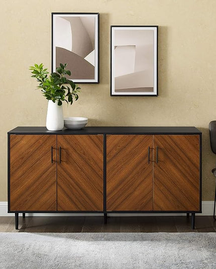 Walker Edison Caye Modern 4 Door Bookmatch Buffet, 58 Inch, Acorn/Black - LeafyLoom