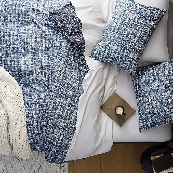 Hyde Lane Blue Full/Queen Comforter Set for Men, Modern Farmhouse Aesthetic Soft Bedding, Masculine Plaid Lines Pattern Bed Sets for All Season, 3 Pieces includes 1 Comforter, 2 Shams (90"x 90") - LeafyLoom