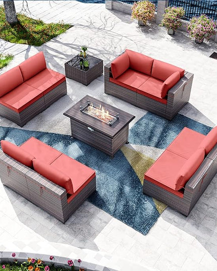 Kullavik 10 Pieces Outdoor Patio Furniture Set with 43" Gas Propane Fire Pit Table PE Wicker Rattan Sectional Sofa Patio Conversation Sets,Red - LeafyLoom