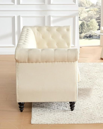 Tbfit Chesterfield Sofa with Rolled Arms, Classic Button Tufted 3 Seater Couch with Nailhead Trim, Upholstered Chesterfield Couches with Gourd Wooden Legs, Linen Sofas for Living Room, Bedroom, Beige - LeafyLoom