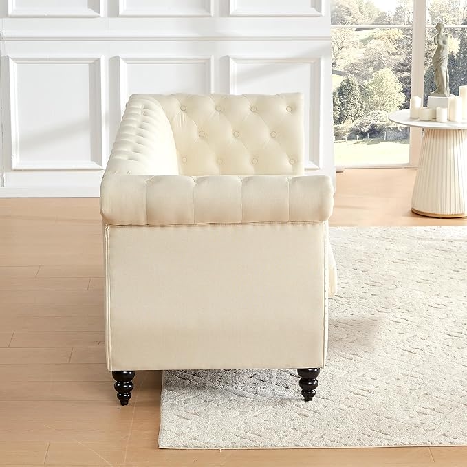 Tbfit Chesterfield Sofa with Rolled Arms, Classic Button Tufted 3 Seater Couch with Nailhead Trim, Upholstered Chesterfield Couches with Gourd Wooden Legs, Linen Sofas for Living Room, Bedroom, Beige - LeafyLoom