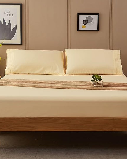 SONORO KATE Bed Sheet Set Super Soft Microfiber 1800 Thread Count Luxury Egyptian Sheets 18-Inch Deep Pocket Wrinkle-4 Piece(California King Ivory) - LeafyLoom