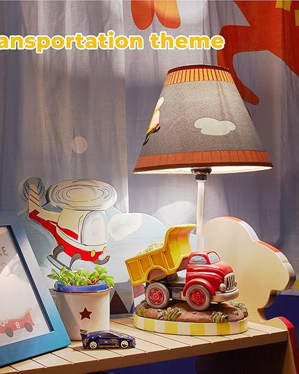 Fantasy Fields Kids Small Table Lamp, Truck Lamp, Car Lamp for Boys Room with Construction Truck Base & Helicopter Printed Shade, Transportation Themed - LeafyLoom