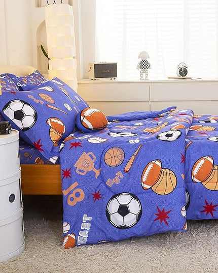 Mooreeke Bed in a Bag for Kids Boys Teens, 8 Pieces Full Size Comforter Bed Set with Shams, Sheet Set and Decorative Toy Pillow, Balls Blue Super Soft Microfiber Kids Comforter Bedding Set - LeafyLoom