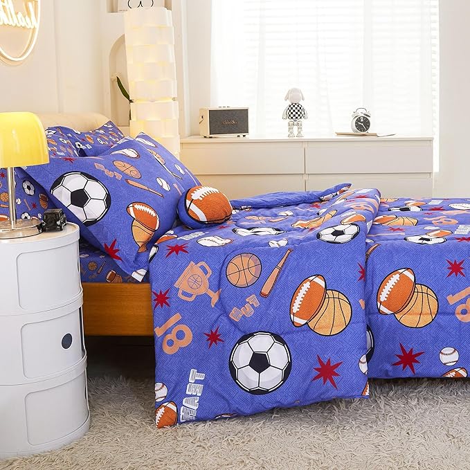 Mooreeke Bed in a Bag for Kids Boys Teens, 8 Pieces Full Size Comforter Bed Set with Shams, Sheet Set and Decorative Toy Pillow, Balls Blue Super Soft Microfiber Kids Comforter Bedding Set - LeafyLoom