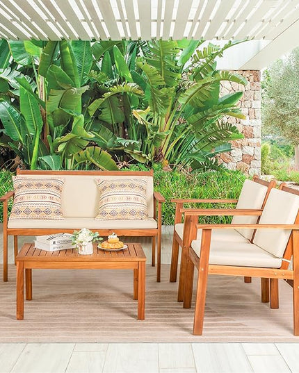 Greesum 4 Piece Bistro Patio Furniture Outdoor Chat Chair Set with Water Resistant Cushions and Coffee Table for Beach Backyard Garden, Acacia Wood - LeafyLoom
