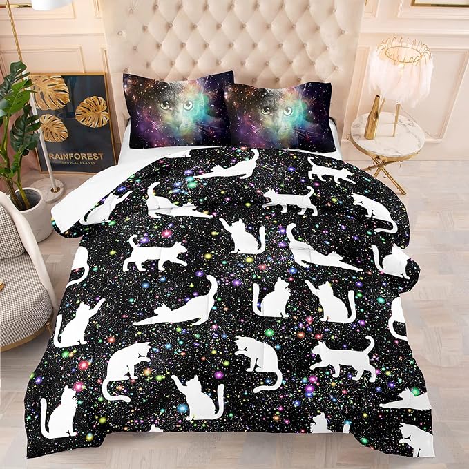Tailor Shop Cat Comforter Set for Kids Boys Girls Teens Cute Cartoon Cat Galaxy Bedding Sets Black Dreamy Outer Space Full Size with 1 Comforter 2 Pillow Shams - LeafyLoom