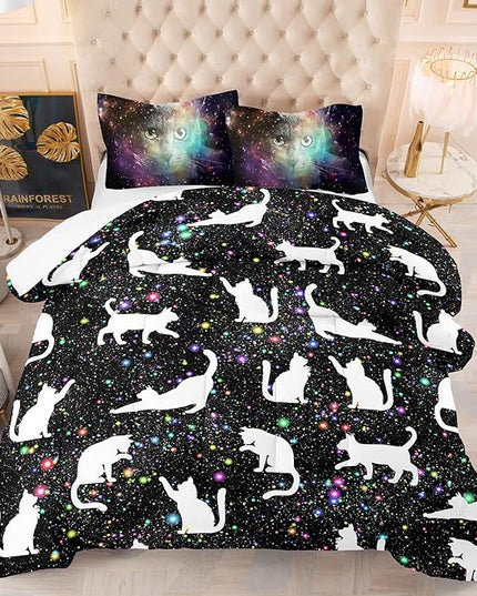 Tailor Shop Cat Comforter Set for Kids Boys Girls Teens Cute Cartoon Cat Galaxy Bedding Sets Black Dreamy Outer Space Twin Size with 1 Comforter 1 Pillow Sham………… - LeafyLoom