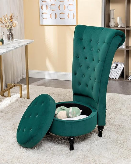 Royal High-Back Velvet Accent Chair for Vanity with Storage and Luxurious Upholstery, Retro Design and Versatile Usage for Living Room, Bedroom, Lounge and Office, Green - LeafyLoom
