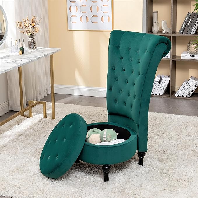 Royal High-Back Velvet Accent Chair for Vanity with Storage and Luxurious Upholstery, Retro Design and Versatile Usage for Living Room, Bedroom, Lounge and Office, Green - LeafyLoom