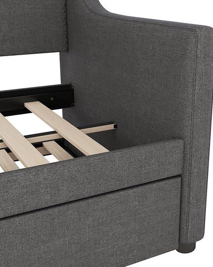 Twin Size Upholstered Daybed with Trundle, Twin Linen Sofa Bed Daybed with Charging Station and LED Lights, Day Bed Frame w/Headboard & Wood Slat Support for Bedroom, Living Room, Gray - LeafyLoom