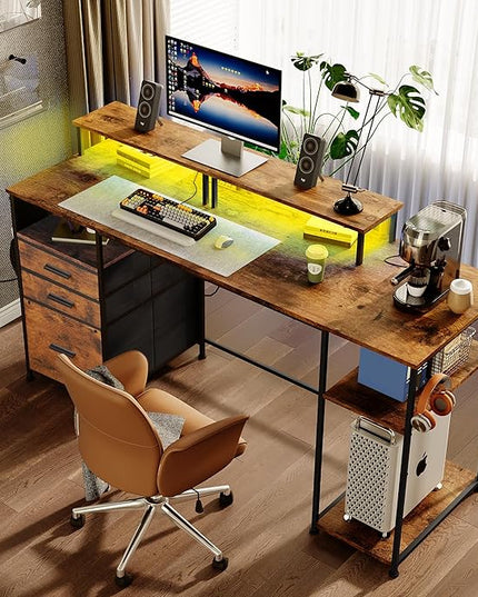 Computer Desk with 3 File Cabinet Drawers, 57.8'' Reversible Gaming Desk with LED Lights and Power Outlets, Office Desk with Storage Shelves for Home & Office (Rustic Brown) - LeafyLoom