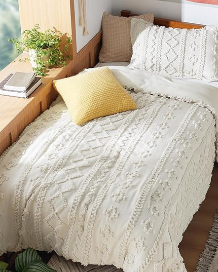 Bedsure Twin/Twin XL Comforter Set Dorm Bedding - Beige Boho Bedding Comforter Set, 2 Pieces Farmhouse Shabby Chic Embroidery Bed Set, Soft Jacquard Tufted Comforter for College - LeafyLoom