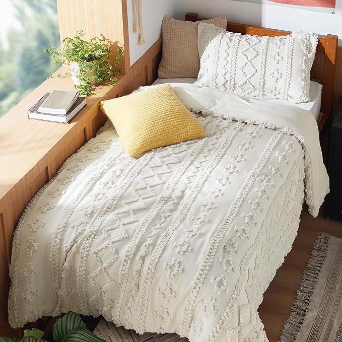Bedsure Twin/Twin XL Comforter Set Dorm Bedding - Beige Boho Bedding Comforter Set, 2 Pieces Farmhouse Shabby Chic Embroidery Bed Set, Soft Jacquard Tufted Comforter for College - LeafyLoom